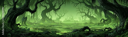 Moss hangs from twisted, gnarled tree trunks.