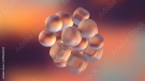 Floating translucent glass spheres on warm bokeh background.