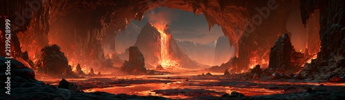 Volcanic cavern glows with molten lava and fiery embers.
