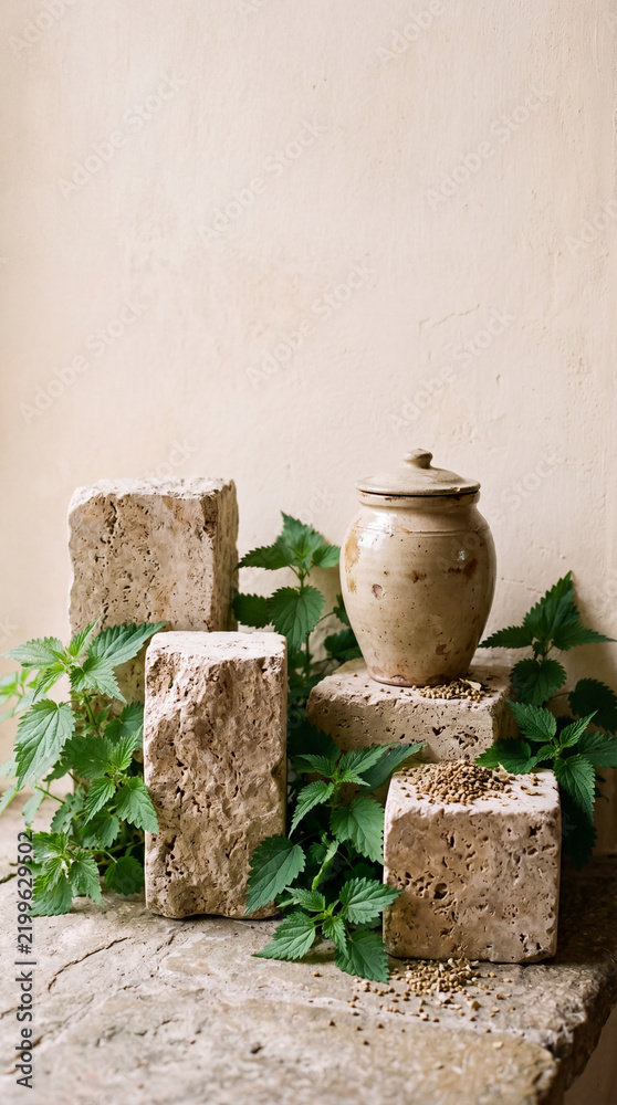 Fototapeta premium Rough travertine stone blocks podium with fresh stinging nettle for organic product display