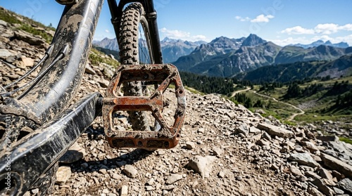 Close up of muddy mountain bike pedal on rocky alpine trail. Off road bicycle drivetrain against scenic mountain range