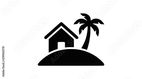 Vector illustration of tropical island icon with house and palm tree on a transparent background