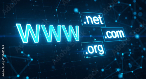Glowing internet domain names on digital network background