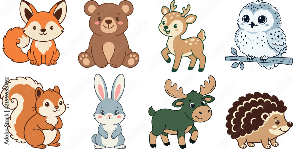 Obraz premium Cute cartoon forest animals set vector illustration with fox, bear, deer, owl, squirrel, rabbit, moose and hedgehog
