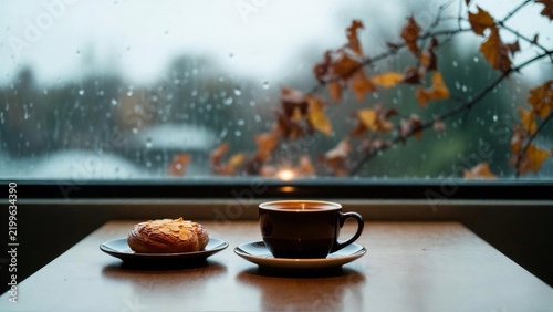 Coffee cup and almond pastry by rainy window with copy space