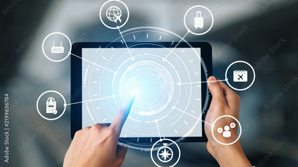 Obraz premium The concept of digital travel planning simplifies modern journeys. Using an online app for travel planning ensures a seamless experience from booking flights to finding hotels. Gist