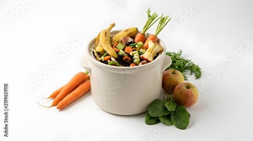 Sustainable kitchen compost bin containing organic food scraps including banana peels and apple cores with fresh vegetables on white background