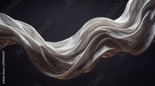 Elegant Ethereal White Silk Fabric Flowing Gracefully in the Air Against a Dark Background, Luxurious Textured Satin Material with Soft Folds and Dramatic Lighting for Sophisticated Abstract Design
