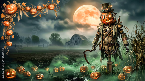 Spooky Steampunk Pumpkin Head Scarecrow in Foggy Farm Field at Night