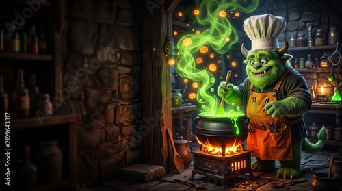 Green Goblin Chef Cooking Magic Potion in Spooky Cauldron