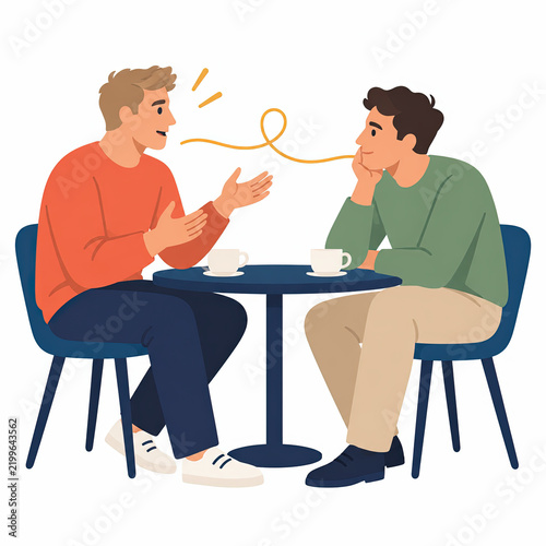 Two male friends having supportive conversation over coffee at table. Men talking about emotions and mental wellbeing flat vector
