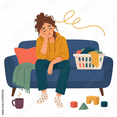 Exhausted young mother sitting on sofa surrounded by clutter. Tired parent experiencing burnout and stress at home. Parenting mental health concept