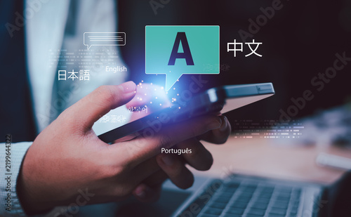 Language specialist uses AI translation technology for multilingual communication, language localization, text interpretation, global connectivity, real-time translation, cross-cultural communication.