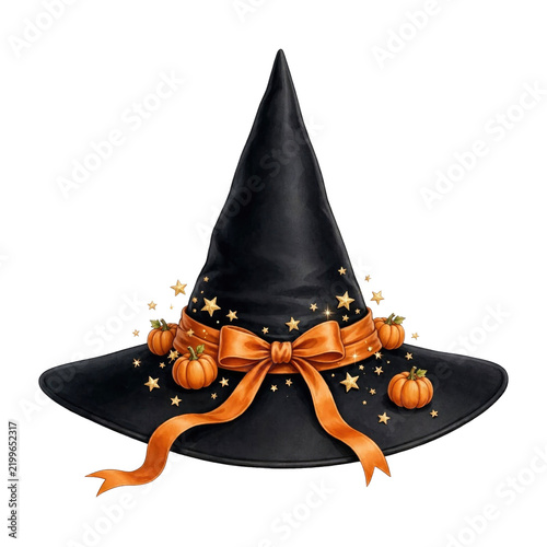 Black Witch Hat with Orange Bow and Stars Decoration