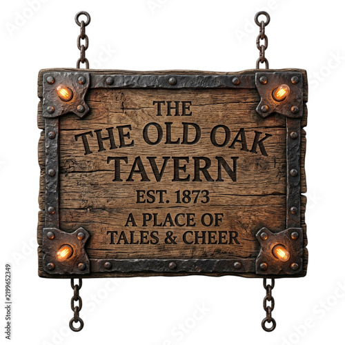 The old oak tavern sign with established date and cheerful message on transparent background