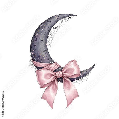 Magical Crescent Moon with Stars and Pink Ribbon Bow
