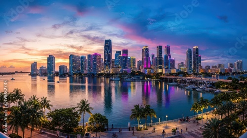 Stunning Miami Cityscape at Sunset with Vibrant Sky and Waterfront Reflections. Beautiful Skyline, Tropical Palms, Urban Beach Destination.