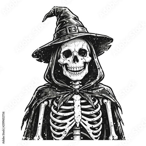 Spooky Skeleton Witch Character Illustration with Pointed Hat