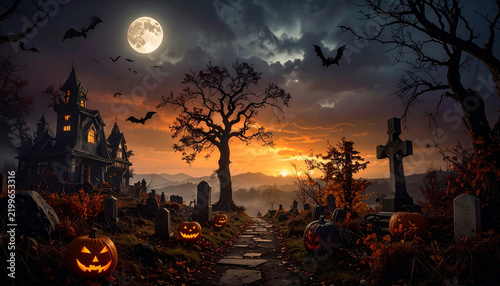 夕暮れの赤空と満月が交差する墓地のジャックオーランタンとコウモリのハロウィン景観