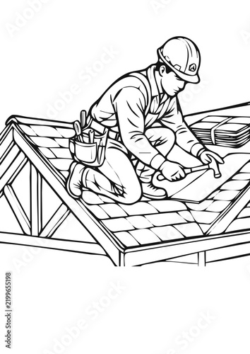 Black and white vector illustration of a professional roofer working on a residential house roof