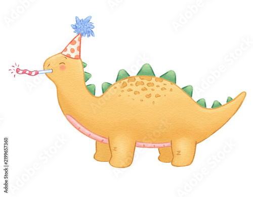 Fotografía un lindo dinosaurio amarillo soplando un silbato de cumpleaños llevando puesto u