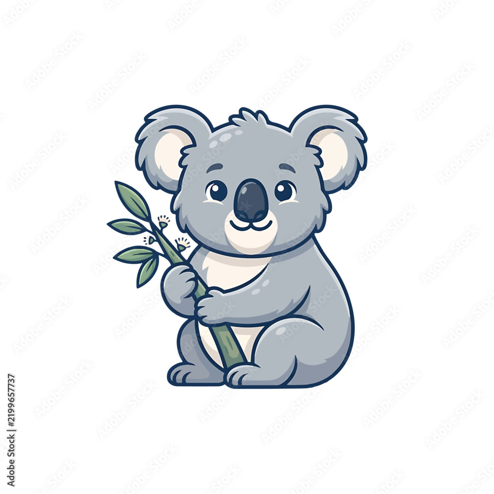 Obraz premium Cute cartoon koala bear character holding a green eucalyptus branch isolated on white background.