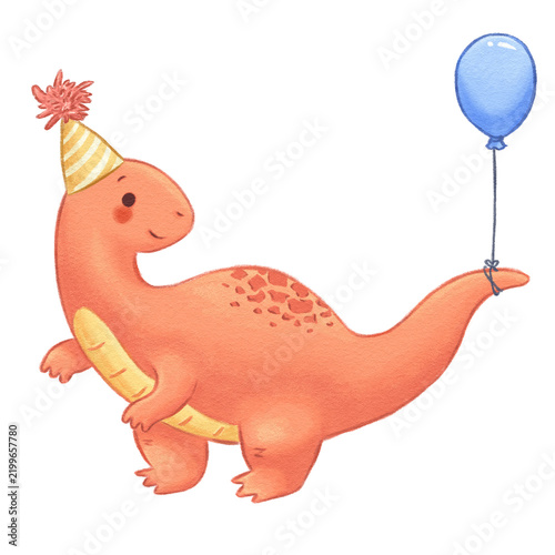 Photography un lindo dinosaurio t rex llevando puesto un gorro de cumpleaños y un globo azul