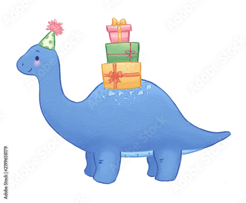 Photography un lindo dinosaurio con llevando puesto un gorrito de cumpleaños y regalos en su
