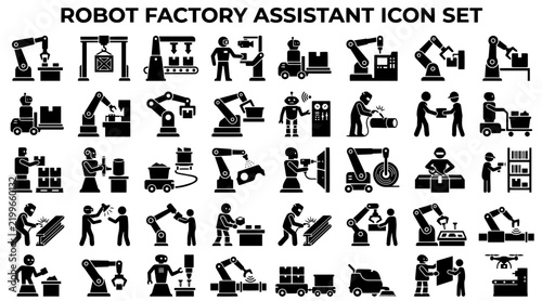 Set of black silhouette icons depicting industrial factory robots and automated manufacturing systems.