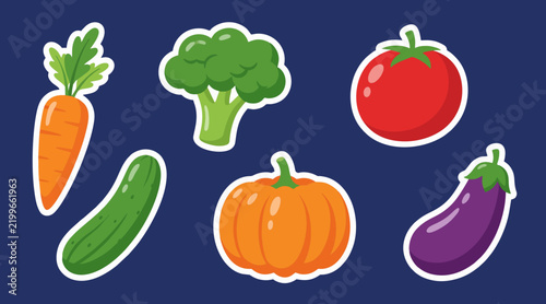 Vibrant flat vector graphic sticker set featuring colorful hand drawn fresh vegetables including carrot broccoli tomato cucumber pumpkin and purple eggplant