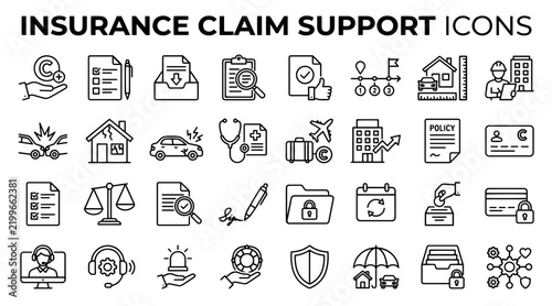Insurance claim support icons set for financial services and risk management business.