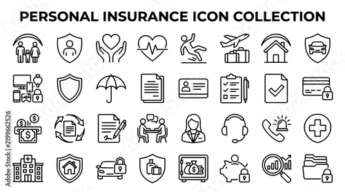 Personal insurance icon set for financial protection and risk management services.