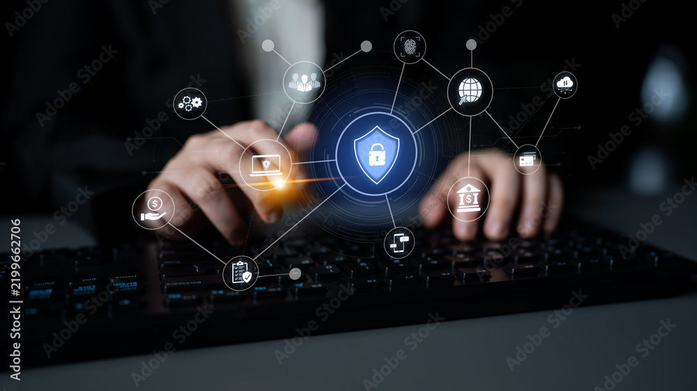 Obraz premium A complete cybersecurity system concept. Providing network protection for online banking, cloud data, financial transactions, and personal identity with secure authentication. Fermion