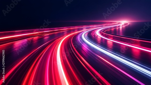 High speed neon light trails curving on wet dark highway surface representing fast digital data flow