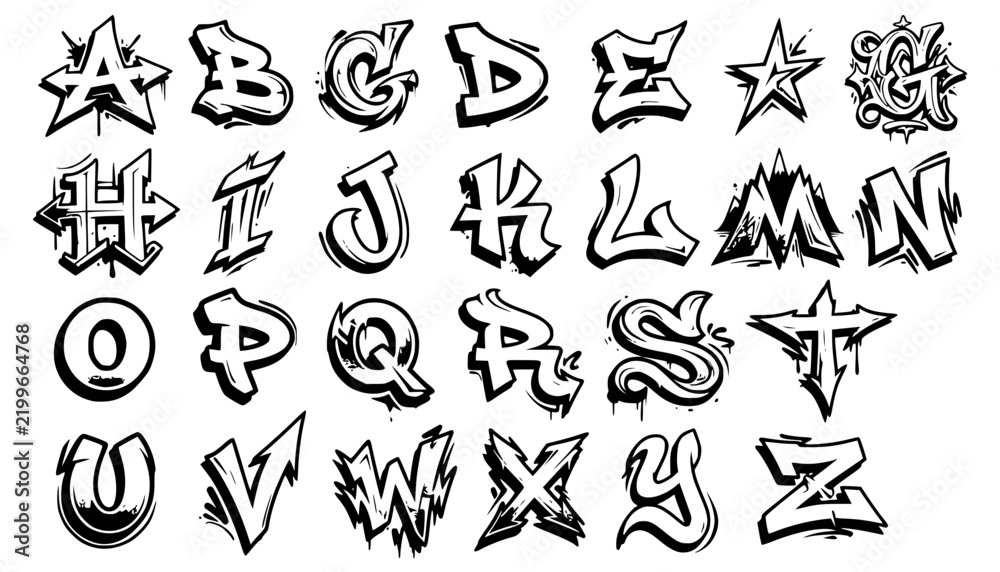 Fototapeta premium Graffiti alphabet illustration set with simple line art design featuring simple design, minimalist, black and white with illustrations and graphics