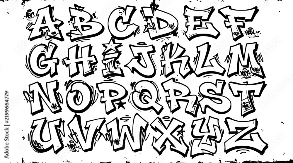 Fototapeta premium Graffiti alphabet illustration set with simple line art design featuring outline, illustration, graphic elements with clean design and vector art