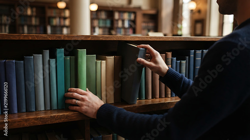 Man choosing and pulling a book out from a wooden shelf in a quiet library