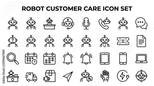 Set of black line art robot customer care icons featuring artificial intelligence support symbols