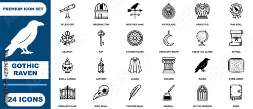 Foto Gothic raven set displaying twenty four black line of celestial ancient tools, a