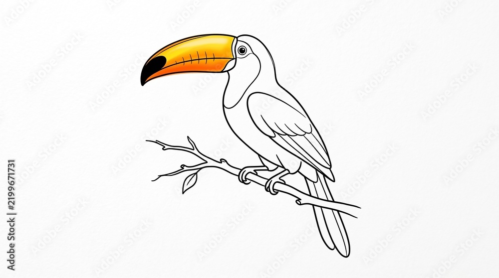 Fototapeta premium A stylized illustration of a toucan with a large, vibrant orange and yellow beak perched on a thin branch against a white background