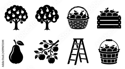 Orchard harvest icon set with fruit trees, baskets, wooden crates and picking ladder