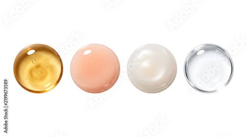 Four cosmetic serum drops isolated on transparent background