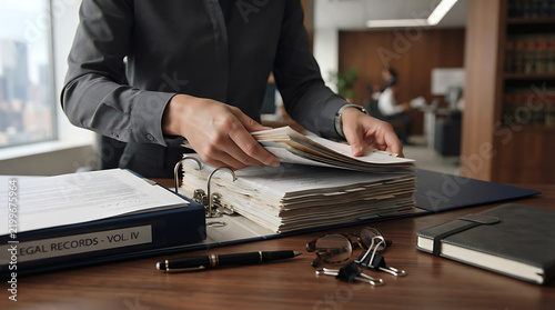 Professional woman organizing legal records and files in modern law office