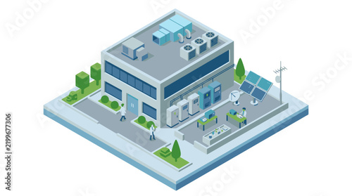 Isometric Smart Factory with Solar Panels and Electric Car Charging Station.