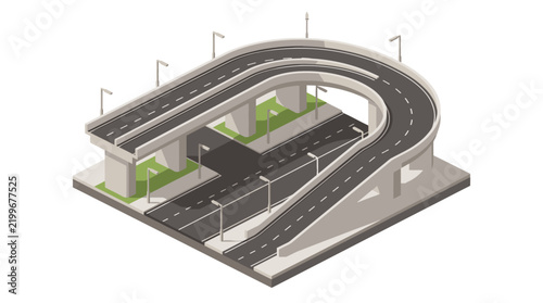 Isometric view of a modern highway interchange with multiple elevated roads and ramps.