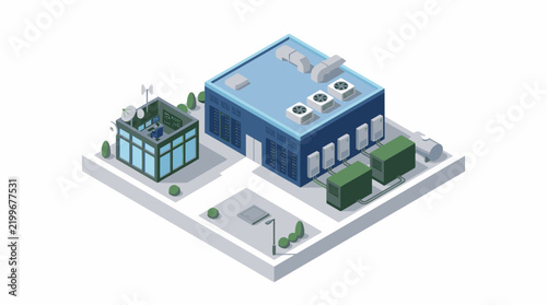 Isometric View of a Modern Industrial Building Complex with Office and Factory Structures.