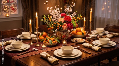 Elegant Chinese New Year Celebration Table Setting with Festive Flowers, Tangerines, and Warm Candlelight for Family Gathering