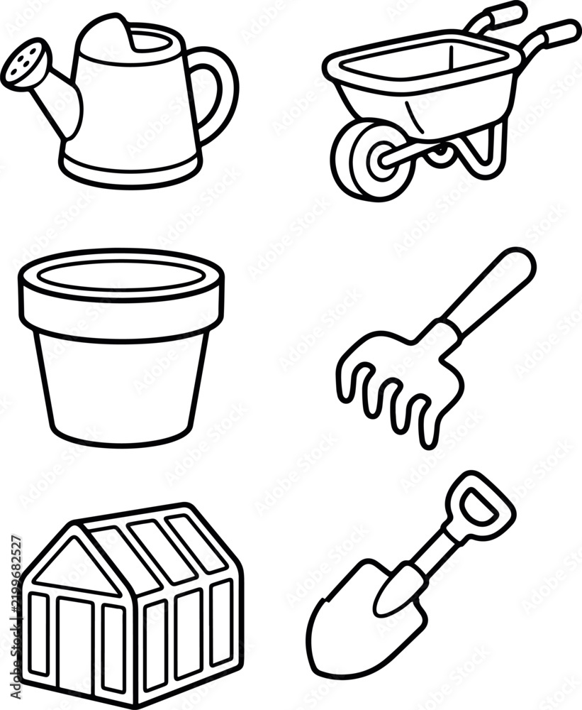 Fototapeta premium Kids Gardening Tools Watering Can Wheelbarrow and Greenhouse Outline Vector Icon Set 