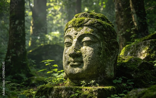 Abandoned Stone Statue in Forest, Moss Weathered Historic Ruin