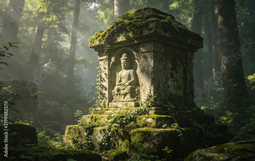 Abandoned Stone Statue in Forest, Moss Weathered Historic Ruin